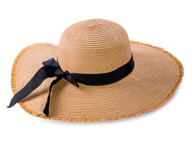 Wide-brim sun hat with a neck cape worn by a hiker